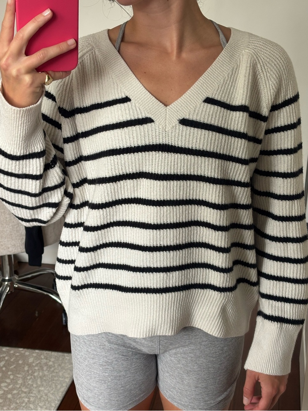 Old Navy Striped V-Neck Sweater - Cream & Black